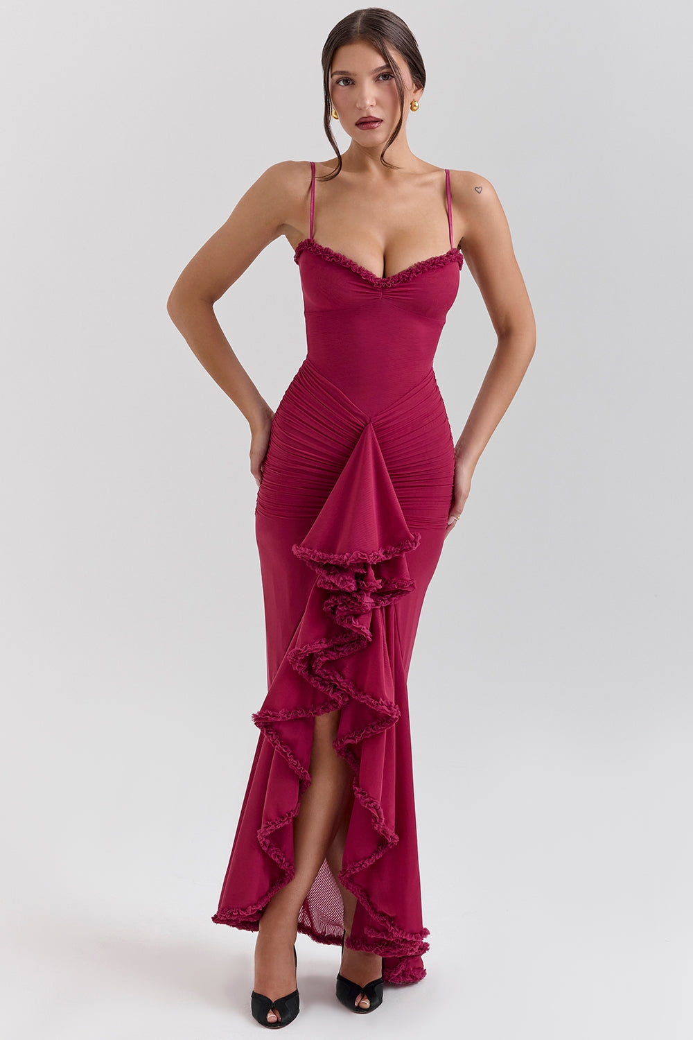 Crimson Ruffle Siren Maxi Dress