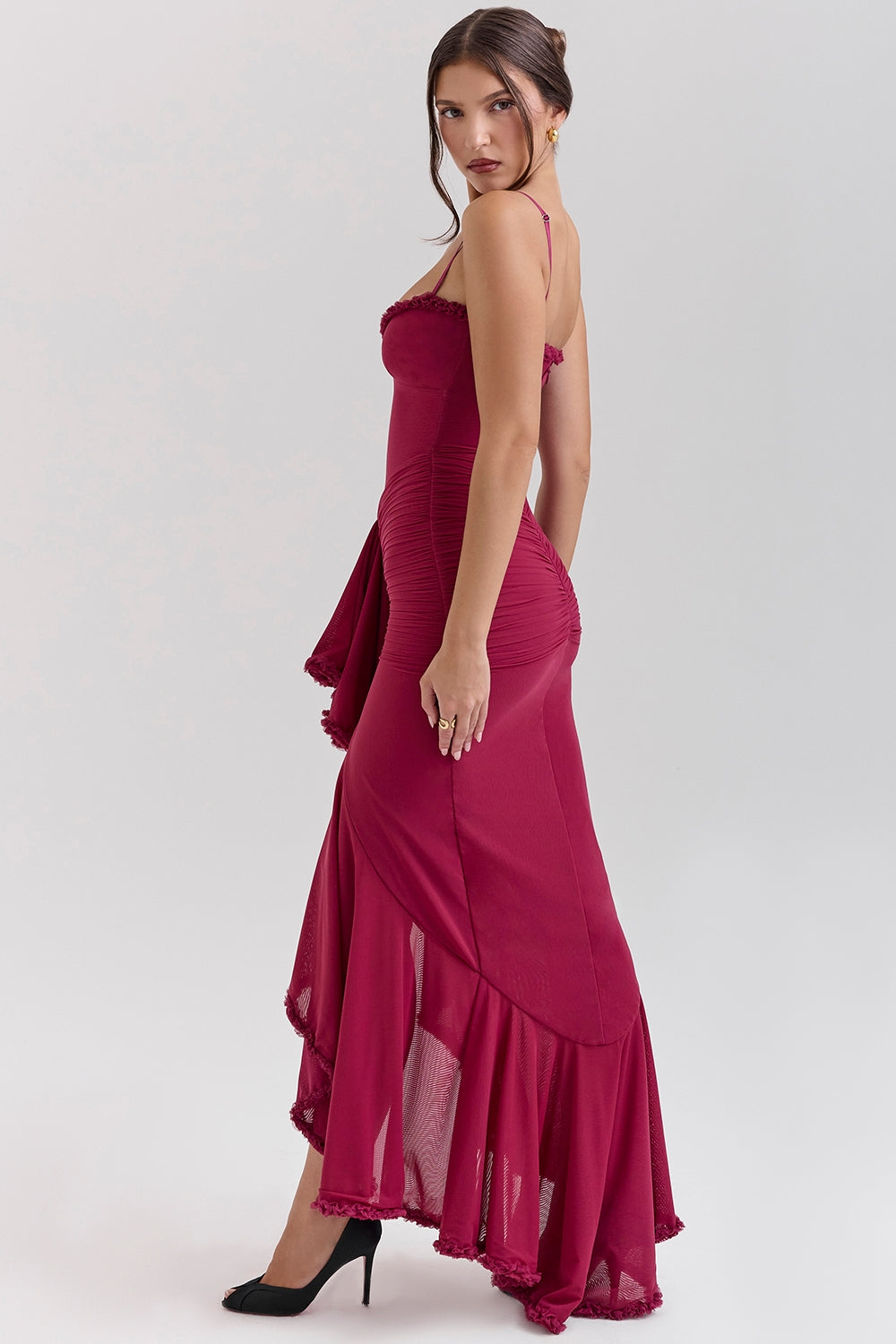 Crimson Ruffle Siren Maxi Dress