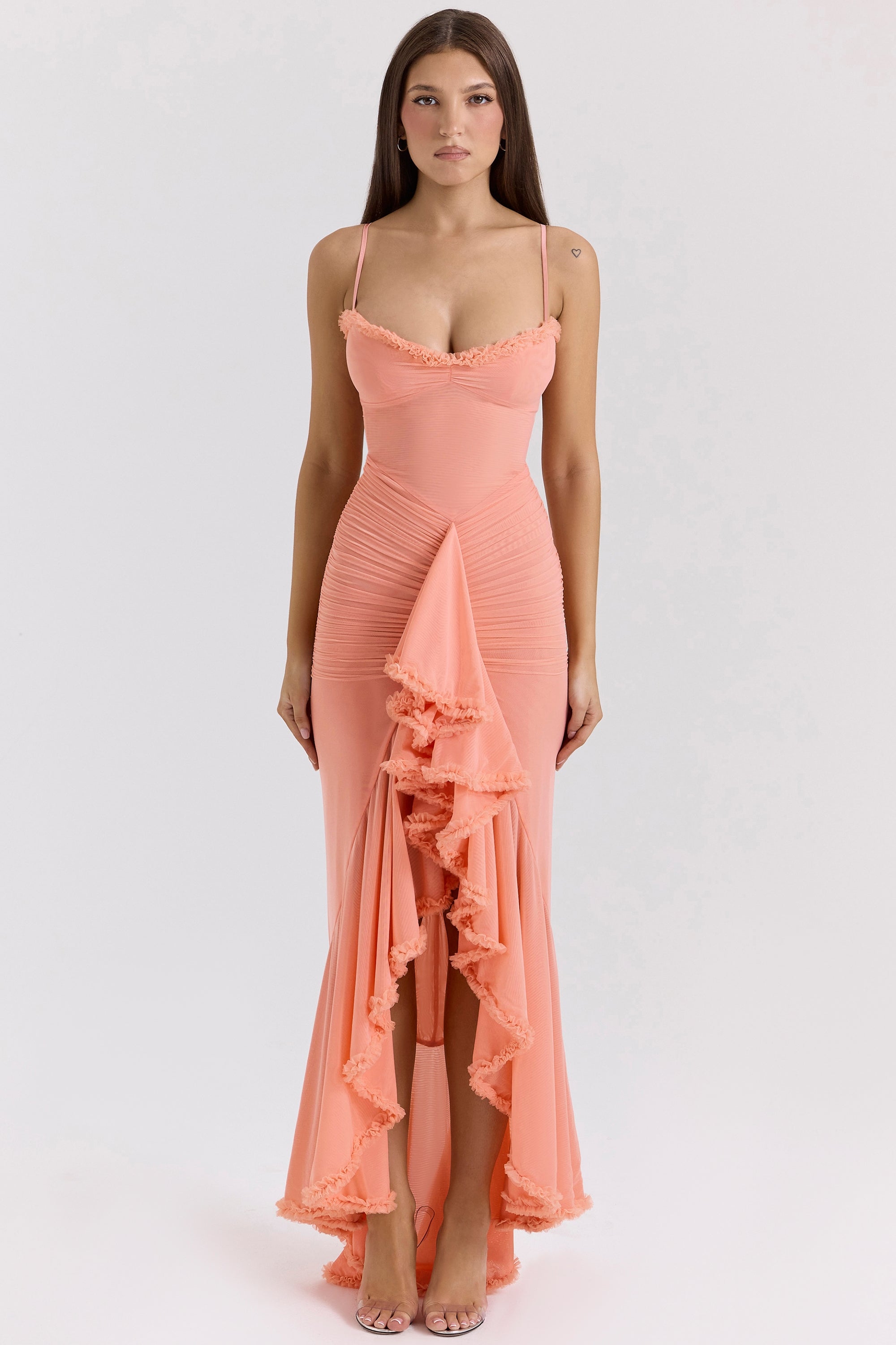 Peach Ruffle Goddess Maxi Dress