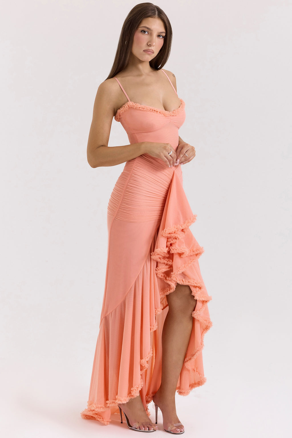 Peach Ruffle Goddess Maxi Dress
