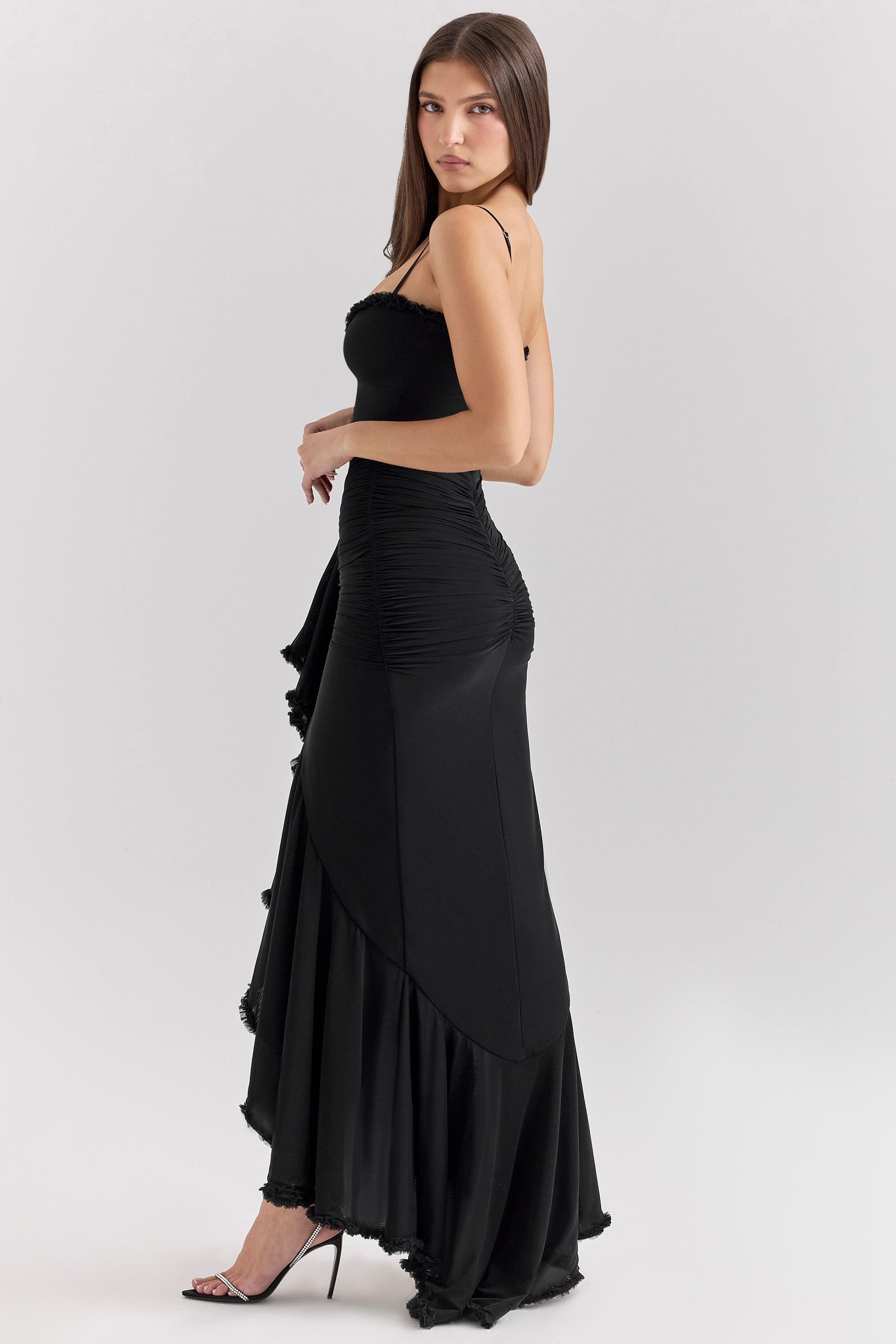Midnight Ruffle Elegance Maxi Dress