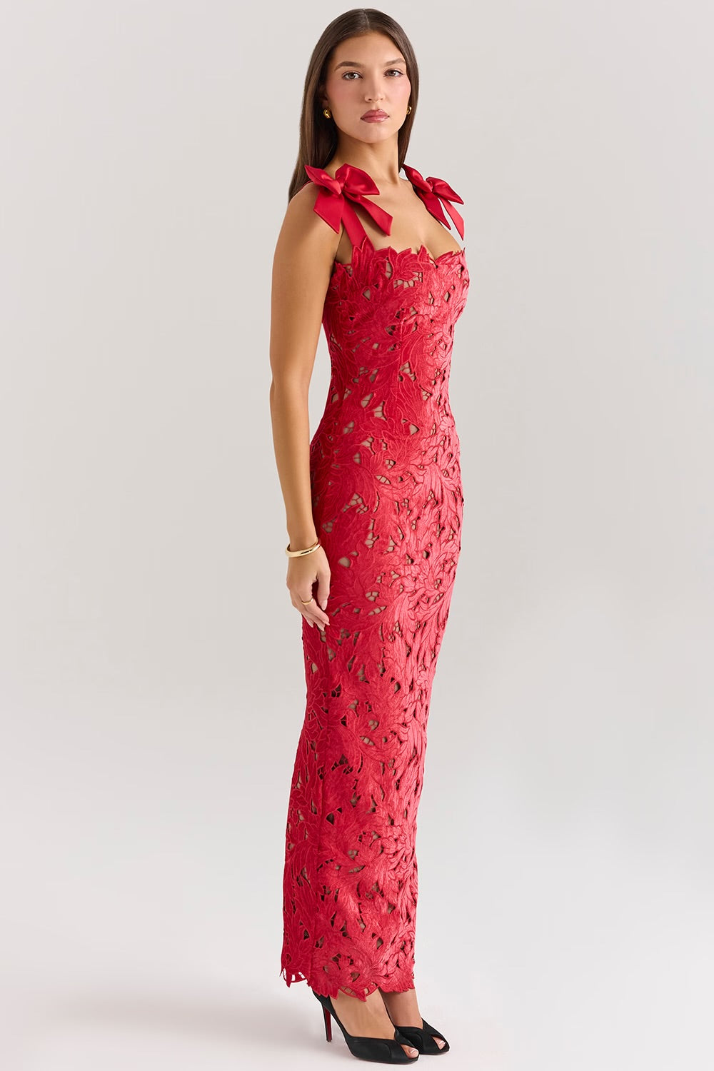 Scarlet Romance Bow-Shoulder Lace Gown