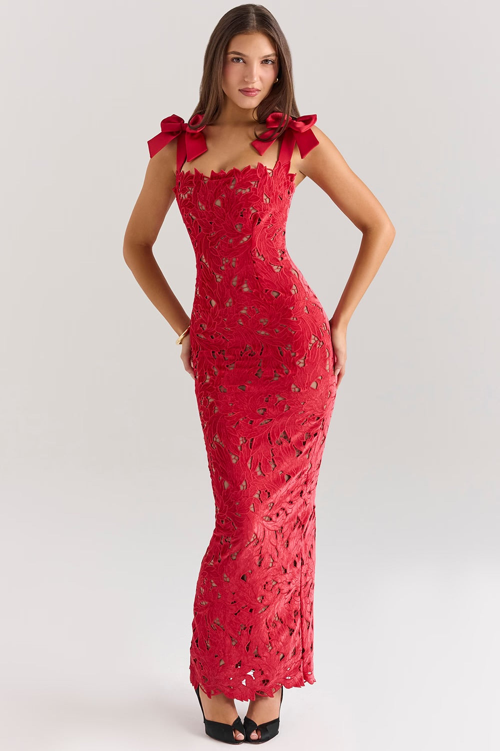 Scarlet Romance Bow-Shoulder Lace Gown