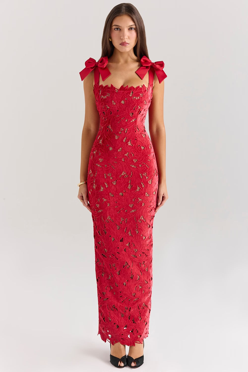 Scarlet Romance Bow-Shoulder Lace Gown