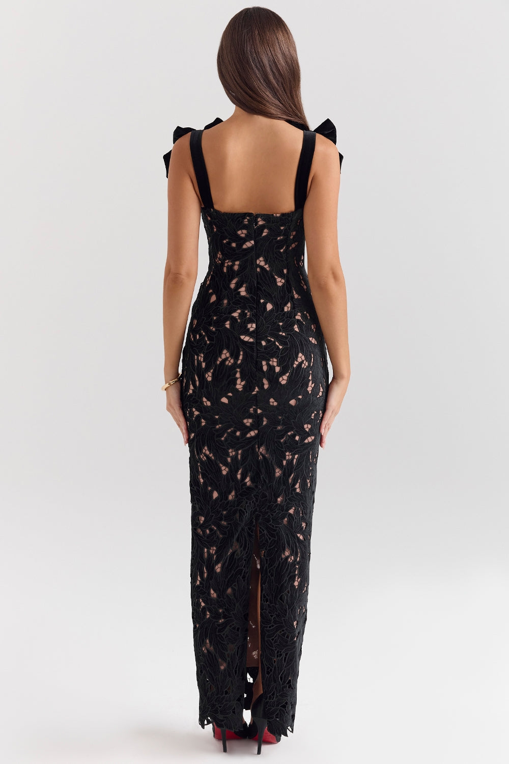 Noir Enchanté Bow-Shoulder Lace Gown