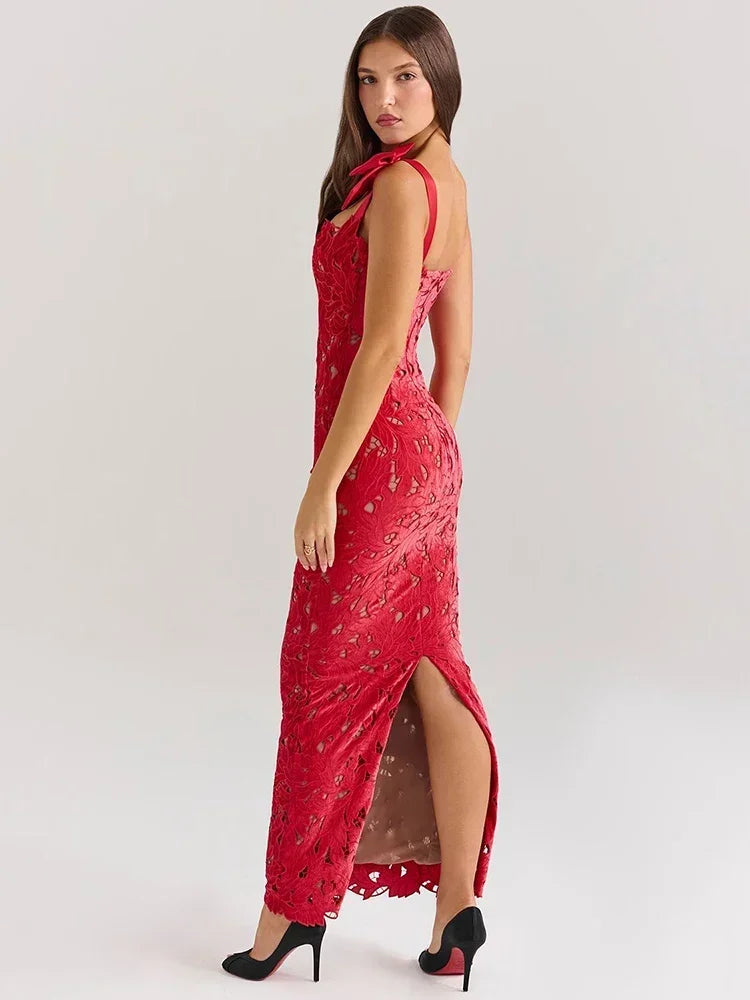 Scarlet Romance Bow-Shoulder Lace Gown